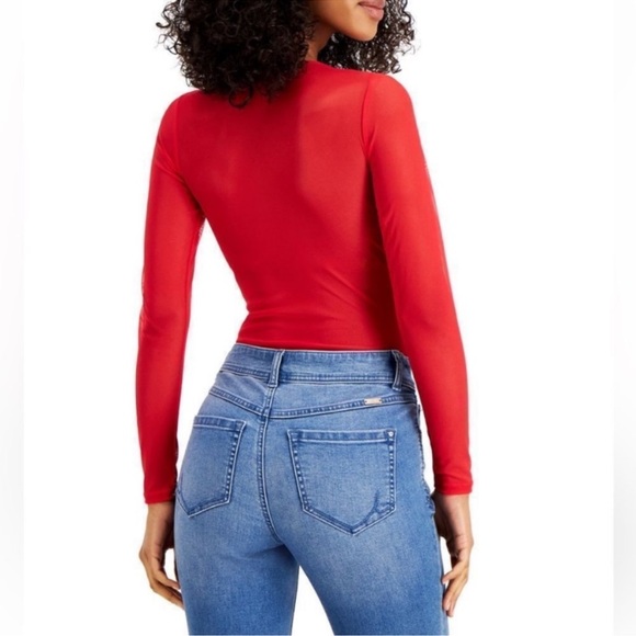 NWT INC International Concepts Long-Sleeve Lace Mesh Bodysuit Red - Picture 2 of 10